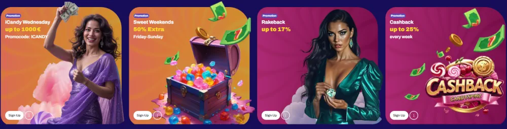 Candy Spinz Casino-Werbedashboard mit verschiedenen Einzahlungs- und Reload-Boni.
